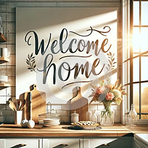Sunlit Kitchen with a Heartfelt Welcome Home Sign