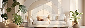 sunlit living room interior mockup neutral tones, sofa and indoor plants casting soft shadows.