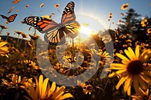 Sunlit meadow alive with thousands of migrating monarch butterflies