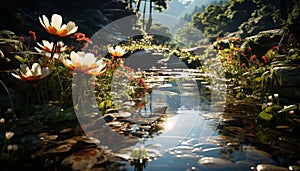 Sunlit meadow reflects the beauty of a single wildflower blossom generated by AI