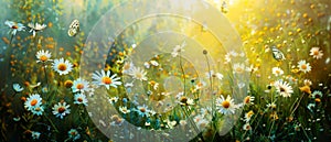 Sunlit meadow of white daisy flowers with fluttering butterflies. The natural beauty of summer nature, Panoramic landscape.