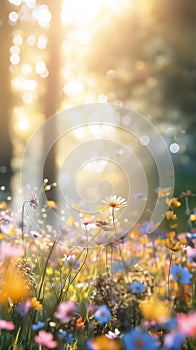 Sunlit Meadow With Wildflowers at Golden Hour