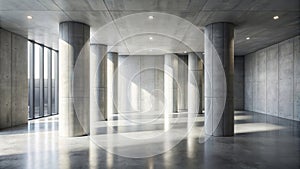 Sunlit modern concrete hallway with large pillars and windows. Generative AI