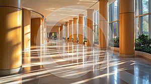 Sunlit Modern Hallway with Wooden Columns and Bright Floor