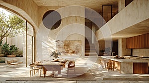 Sunlit modern home interior with open plan kitchen, dining area, and courtyard view