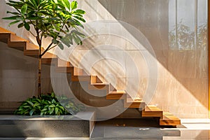 Sunlit modern staircase with indoor plant