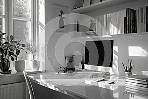 Sunlit Monochrome Home Office AI Generated