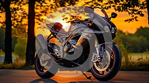 Sunlit Motorbike: Dark Silver And Gold In Richly Colored Skies
