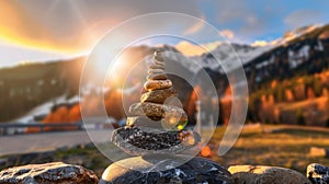 Sunlit mountain landscape with balanced stone stack at sunrise