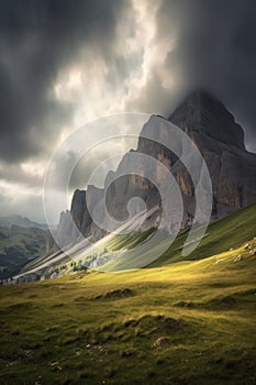 sunlit mountain landscape with dramatic clouds
