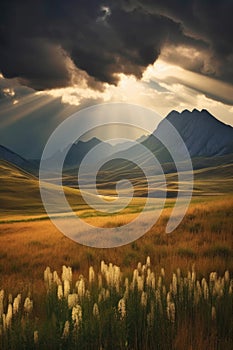 sunlit mountain landscape with dramatic clouds