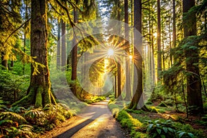 Sunlit Nature Path in Pacific Northwest