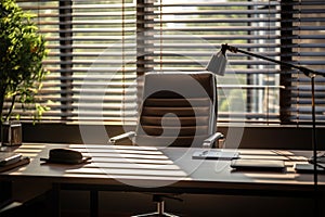 Sunlit office oasis chiefs workplace, table, chair, and open blinds