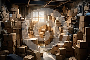 Sunlit Old Warehouse Crowded With Boxes and Forgotten Items. Generative AI