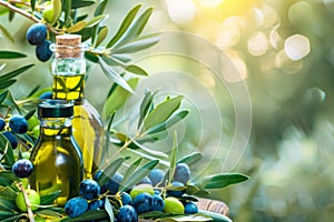 Sunlit olive oil bottles amidst olive field, leaves, and fruits in rural setting with copy space