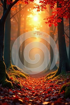 Sunlit orange and red leaves, soft focus forest scene , orange, light, woods