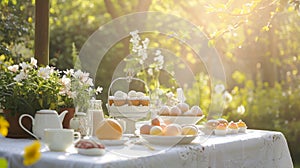 Sunlit outdoor Easter breakfast table laden with eggs, pastries, and a teapot among blooming flowers, creating a fresh