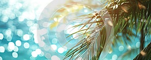 Sunlit palm leaves with sparkling bokeh effect on ocean backdrop