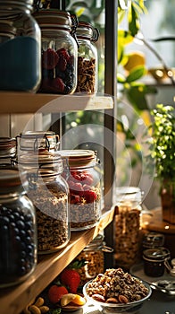Sunlit pantry shelves with healthy food ingredients. - AI Generated
