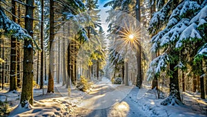 Sunlit path through a snowy coniferous forest on a winter morning. Generative AI