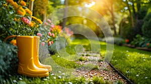 Sunlit Path with Yellow Boots and Vibrant Flowers.