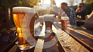 A sunlit patio with people leisurely sipping on various craft beers photo
