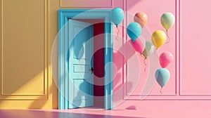 Sunlit Pink wall with Colorful Balloons and Door. Creative concept