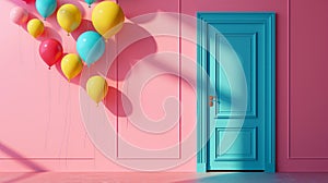 Sunlit Pink wall with Colorful Balloons and Door. Creative concept