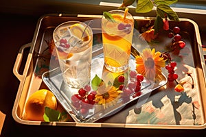 sunlit pisco cocktails with fruit garnishes on tray