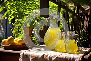 sunlit pitchers of homemade limoncello on a garden table