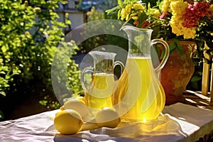 sunlit pitchers of homemade limoncello on a garden table