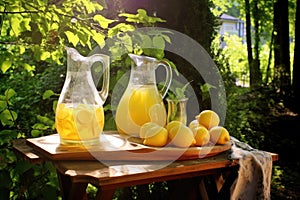 sunlit pitchers of homemade limoncello on a garden table