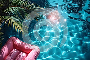 Sunlit pool with pink air mattress, tropical palms overhead