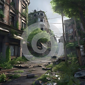 Sunlit Post-Apocalyptic City with Nature Overtaking Buildings