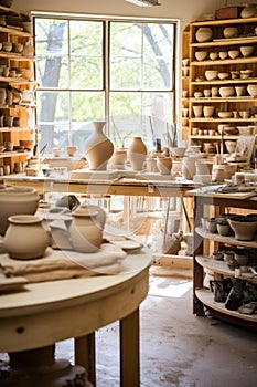 Sunlit pottery studio with unfinished clay pots and ceramic shelves