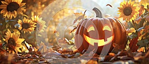 Sunlit Pumpkin with a Happy Face photo