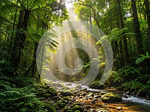 Sunlit rainforest stream