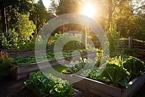 sunlit raised vegetable garden beds with variety of plants
