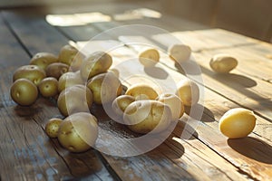 Sunlit raw potatoes on a wooden surface, conveying concepts of homegrown produce, food preparation, and organic farming