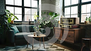 Sunlit Retro Nook with Greenery and Vintage Tunes. Concept Vintage Decor, Sunlight Streaming, Retro