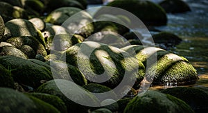 Sunlit river rocks are covered in