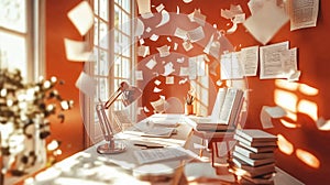Sunlit room with a red-painted wall, scattered with floating papers photo