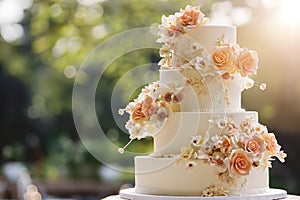 Sunlit Rose-Adorned Wedding Cake in Garden