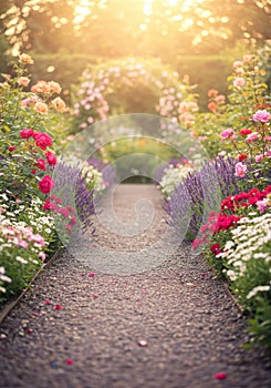 Sunlit Rose Garden Path with Lavender