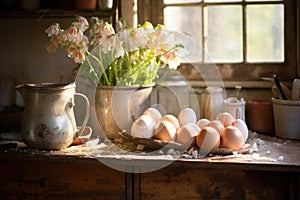 Sunlit rustic kitchen with fresh eggs on a table, vintage pitcher, and blooming flowers in a cozy countryside setting