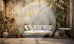 Sunlit Rustic Patio with Vintage Sofa and Climbing Roses