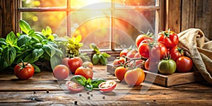 Sunlit rustic still life featuring ripe tomatoes and fresh basil on wooden surface. Generative AI