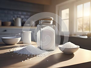 Sunlit Salt Crystals on a Table in a Kitchen Setting