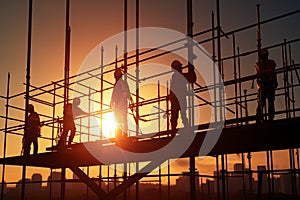 Sunlit scaffolding, construction workers silhouette against the intensity of daylight