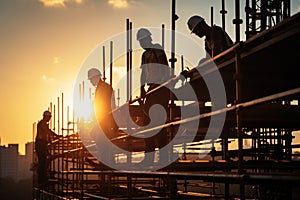 Sunlit scaffolding, construction workers silhouette against the intensity of daylight